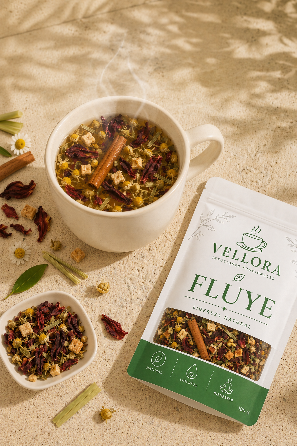 Taza de Fluye recién preparada junto a la bolsa del producto
