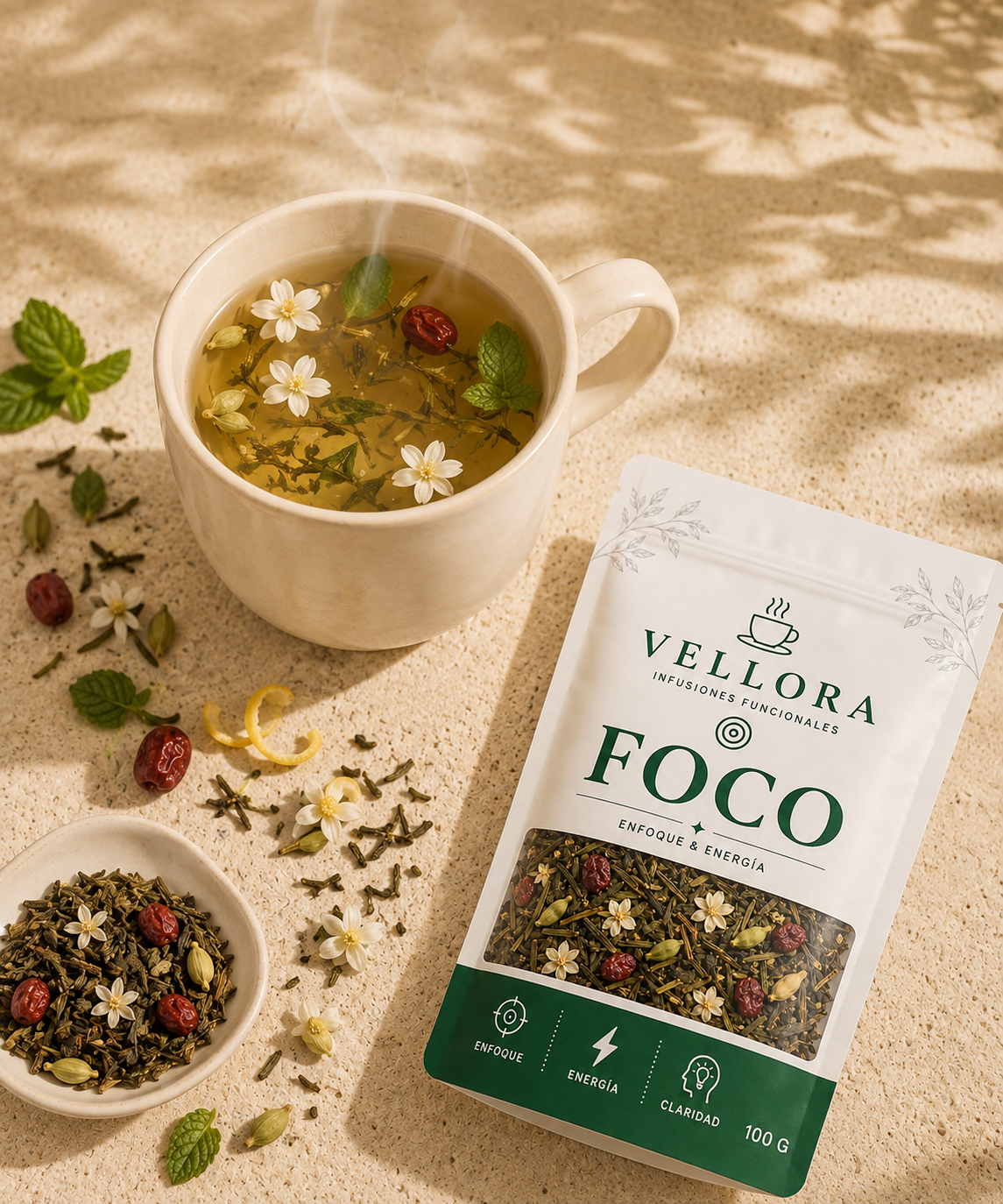 Taza de Foco junto a la bolsa del blend
