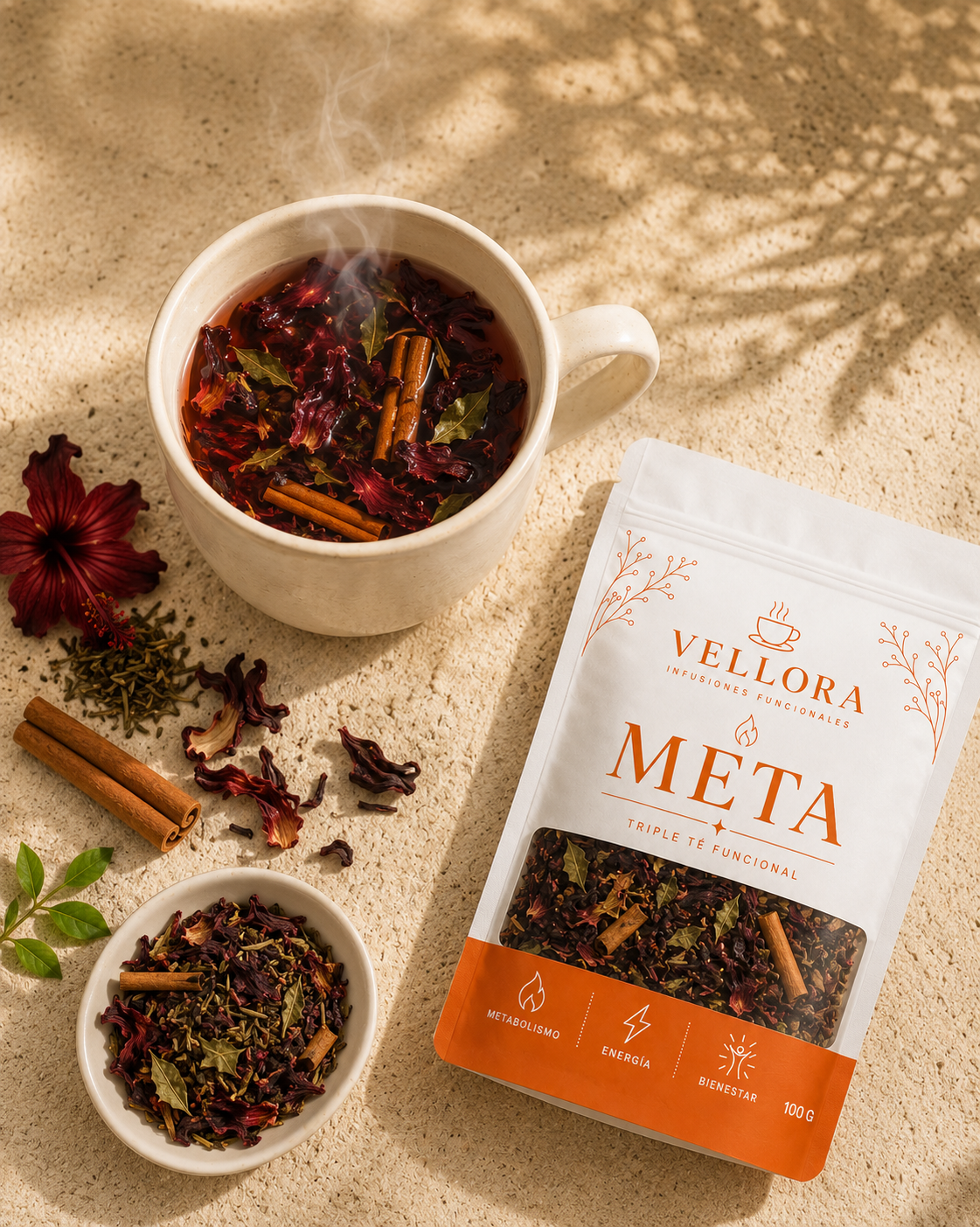 Taza de Meta recién preparada junto a la bolsa del producto