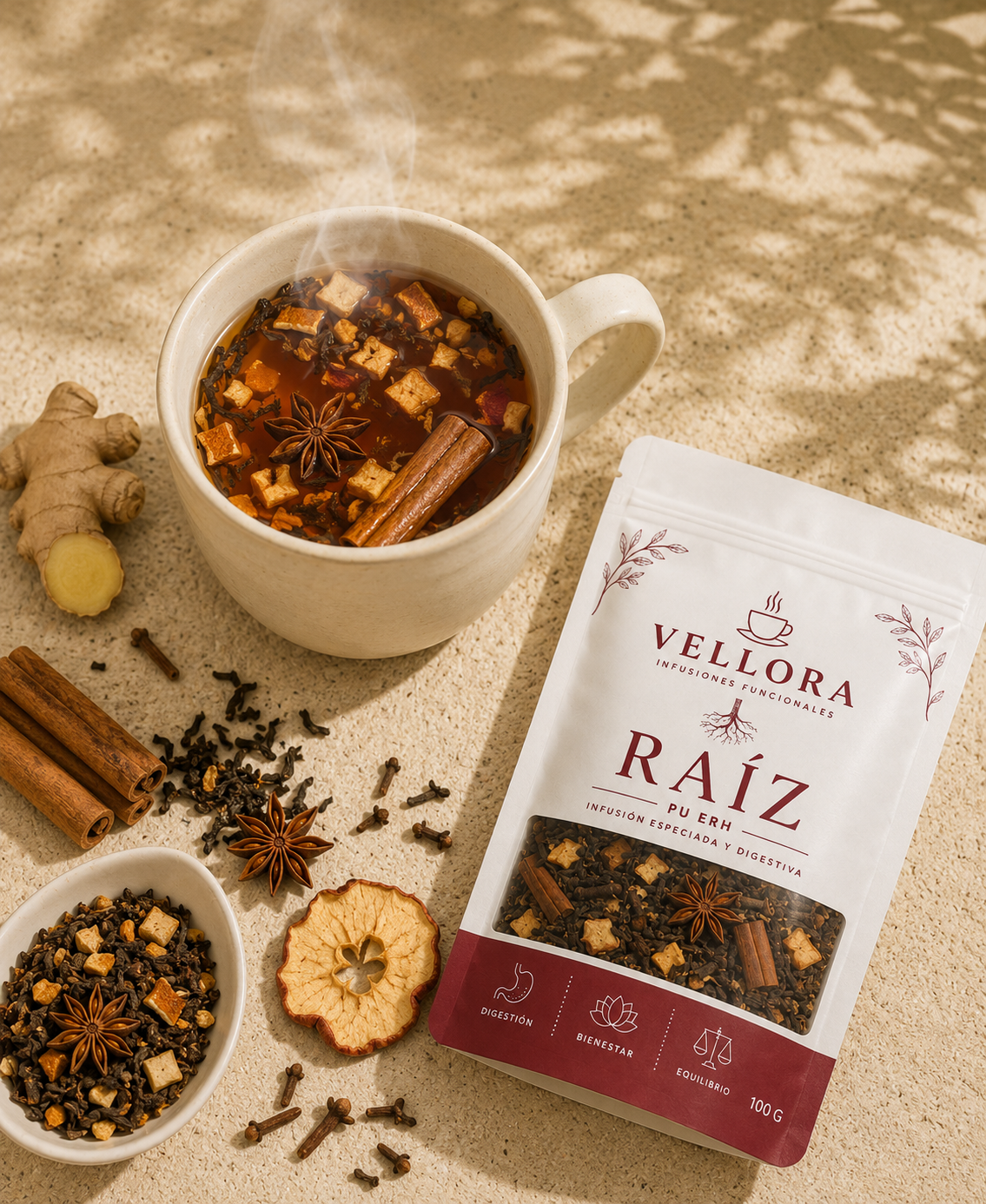Taza de Raíz recién preparada junto a la bolsa del producto